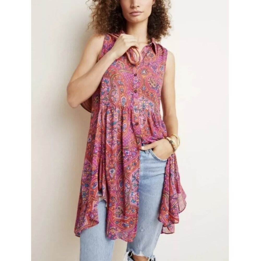 Anthropologie Maeve Women's Pink Paisley Button Up Flowy Tunic Top Size 0